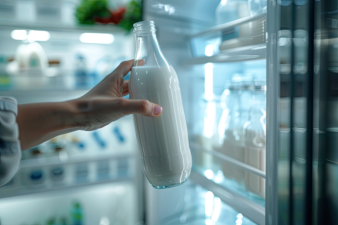 Female hand taking bottle of milk from a fridge , high detail, 8k --ar 3:2 Job ID: 82ad97e5-08b6-4f89-a9f2-226a98734f95
